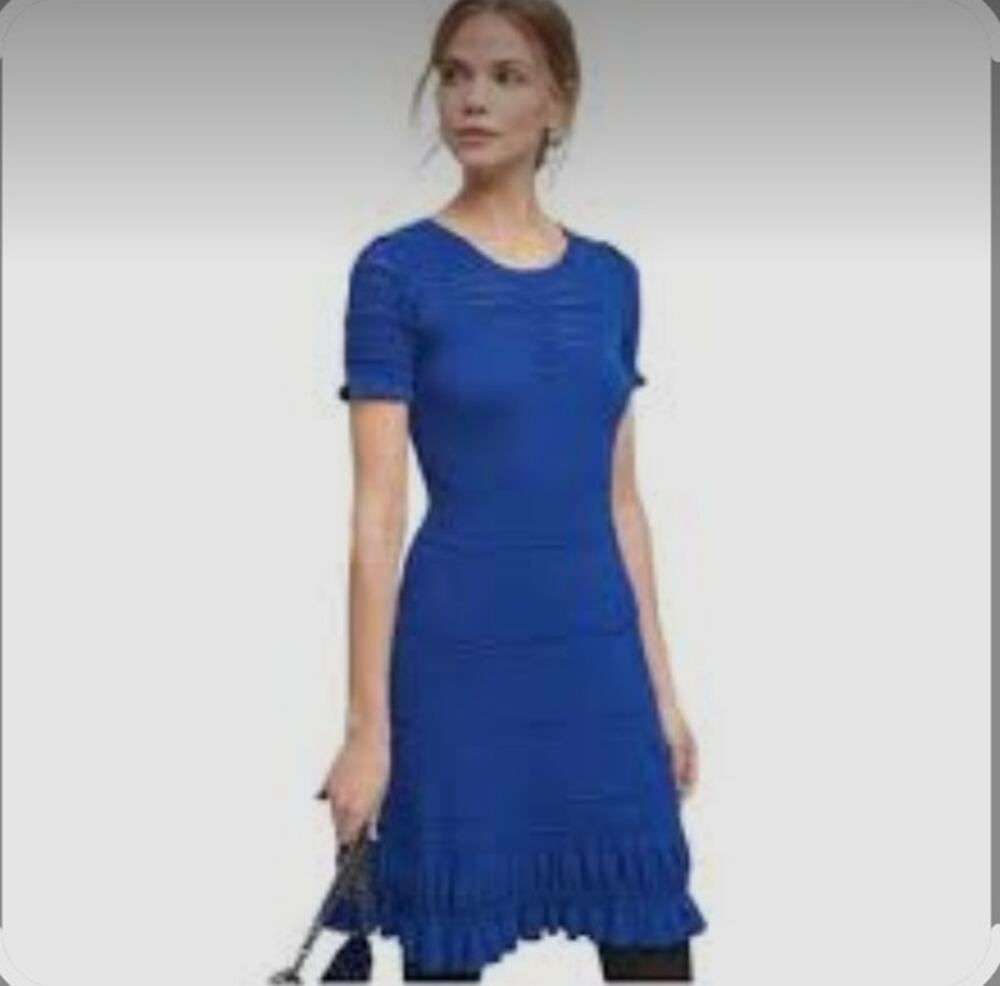 Maeve by Anthropologie Promenade Pointelle Dress Cobalt Blue Crochet Ruffle SZ S